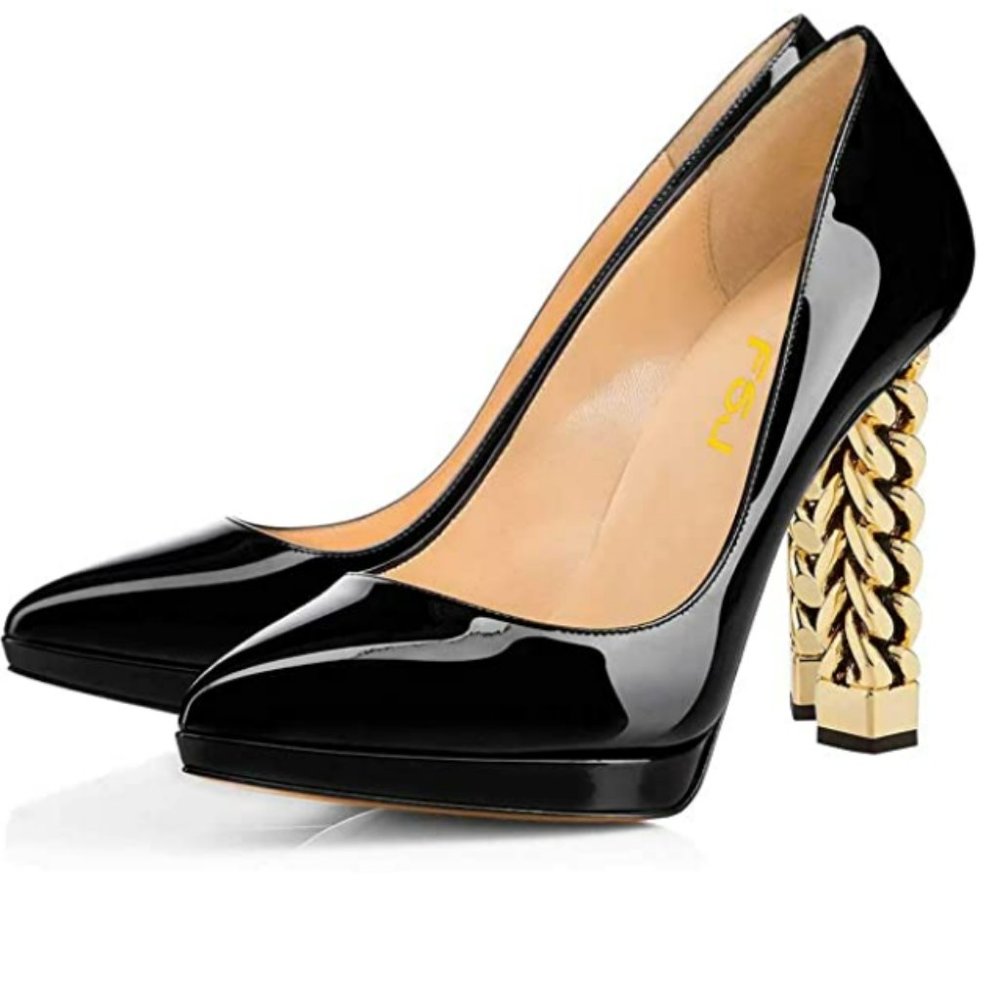 FSJ Gold Metal Chain Chunky High Heel Pointed Toe